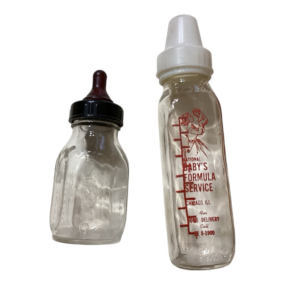 Vintage Glass Baby Bottles National Pyramid Evenflo Lot of Two